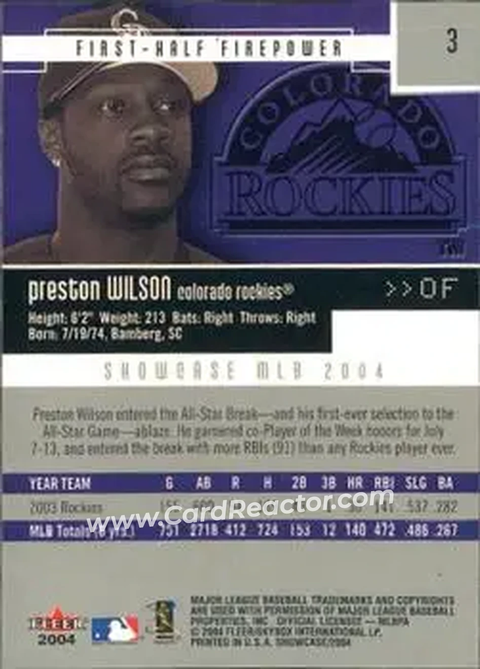 2004 Fleer Showcase #3 - Preston Wilson - Colorado Rockies - Back