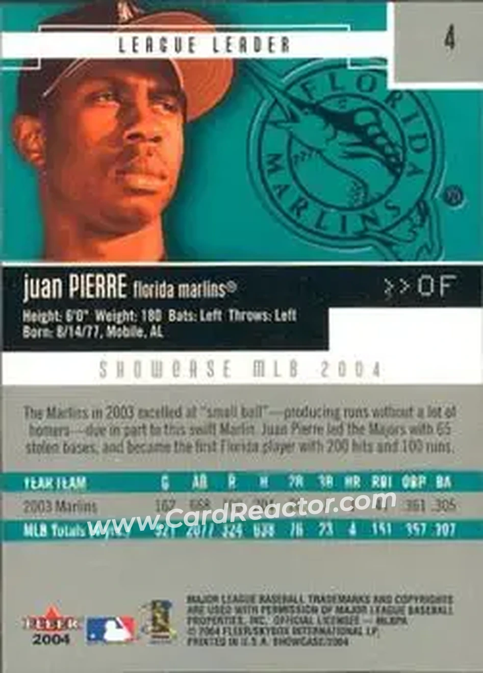 2004 Fleer Showcase #4 - Juan Pierre - Florida Marlins - Back