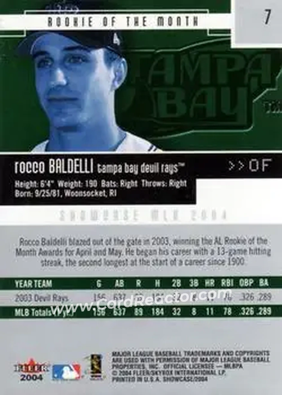 2004 Fleer Showcase #7 - Rocco Baldelli - Tampa Bay Devil Rays - Back