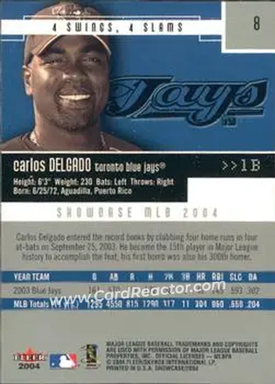 2004 Fleer Showcase #8 - Carlos Delgado - Toronto Blue Jays - Back