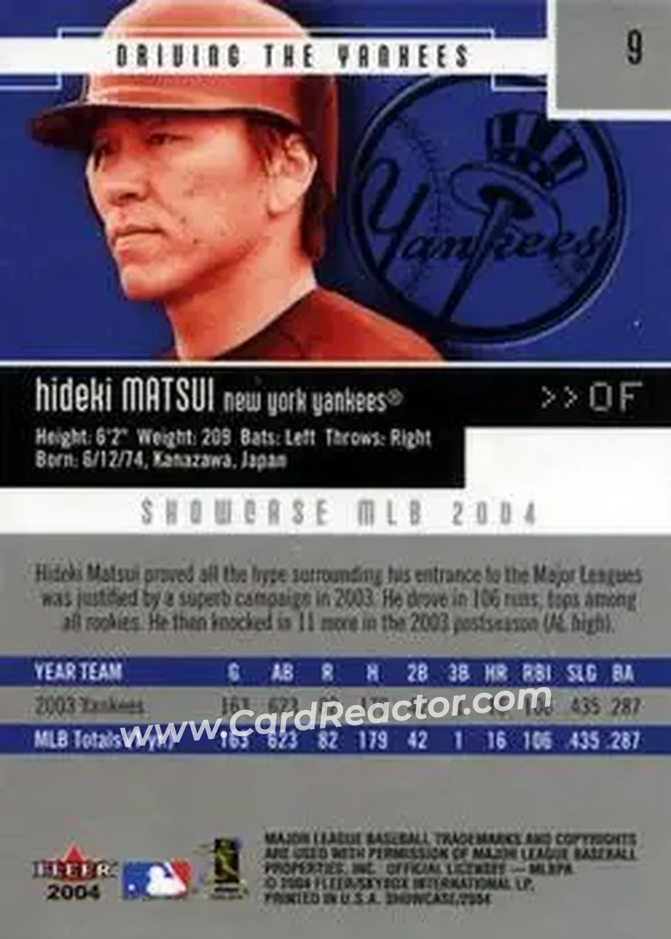 2004 Fleer Showcase #9 - Hideki Matsui - New York Yankees - Back