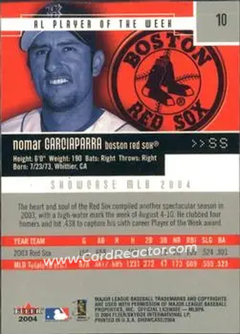 2004 Fleer Showcase #10 - Nomar Garciaparra - Boston Red Sox - Back 2004 Fleer Showcase #10 - Nomar Garciaparra - Boston Red Sox - Back