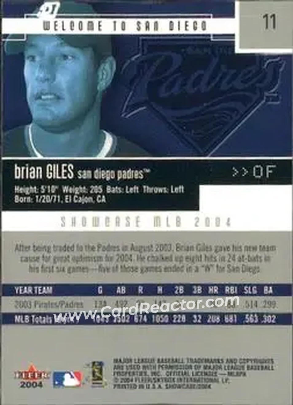 2004 Fleer Showcase #11 - Brian Giles - San Diego Padres - Back