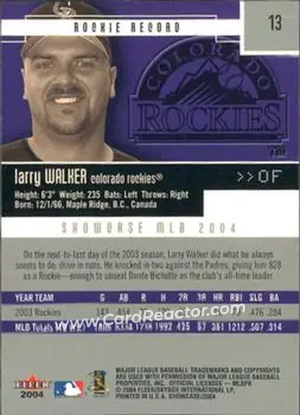 2004 Fleer Showcase #13 - Larry Walker - Colorado Rockies - Back