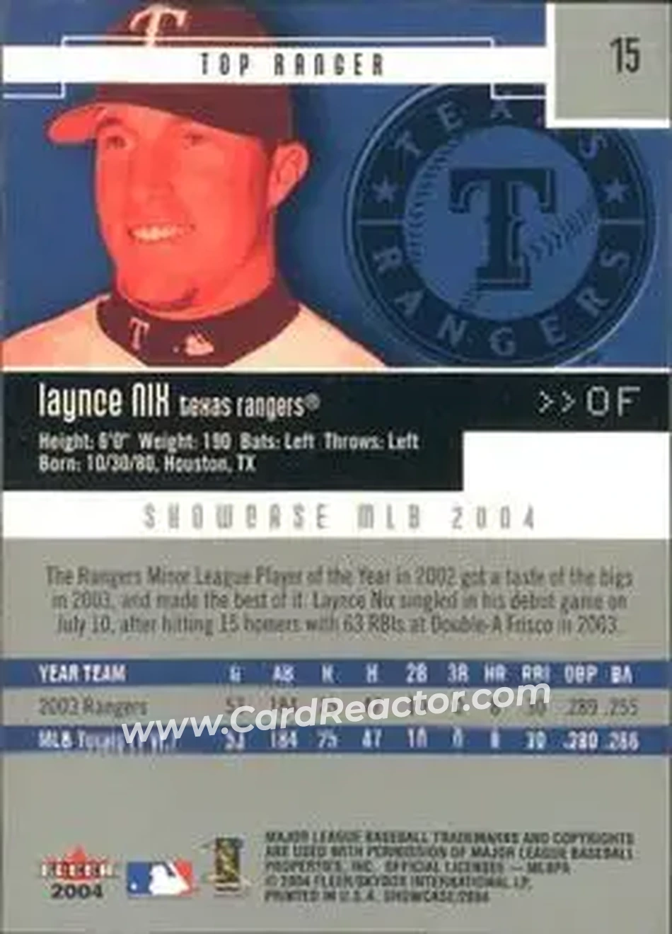 2004 Fleer Showcase #15 - Laynce Nix - Texas Rangers - Back 2004 Fleer Showcase #15 - Laynce Nix - Texas Rangers - Back