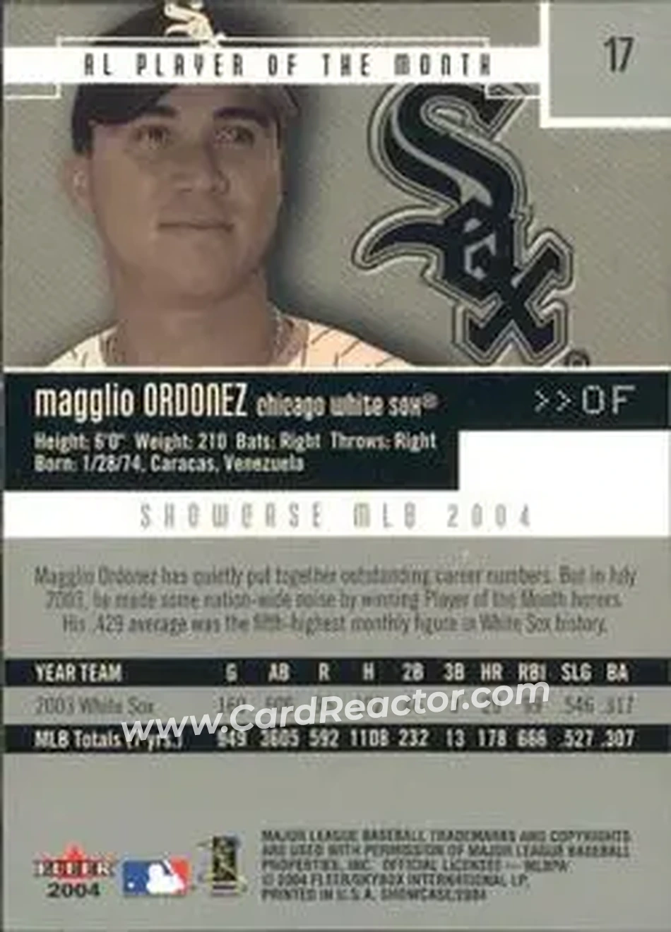 2004 Fleer Showcase #17 - Magglio Ordonez - Chicago White Sox - Back 2004 Fleer Showcase #17 - Magglio Ordonez - Chicago White Sox - Back