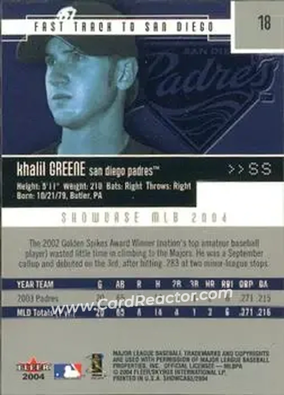 2004 Fleer Showcase #18 - Khalil Greene - San Diego Padres - Back