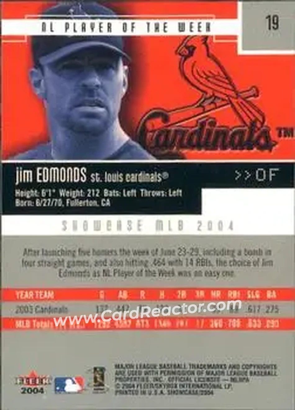 2004 Fleer Showcase #19 - Jim Edmonds - St. Louis Cardinals - Back