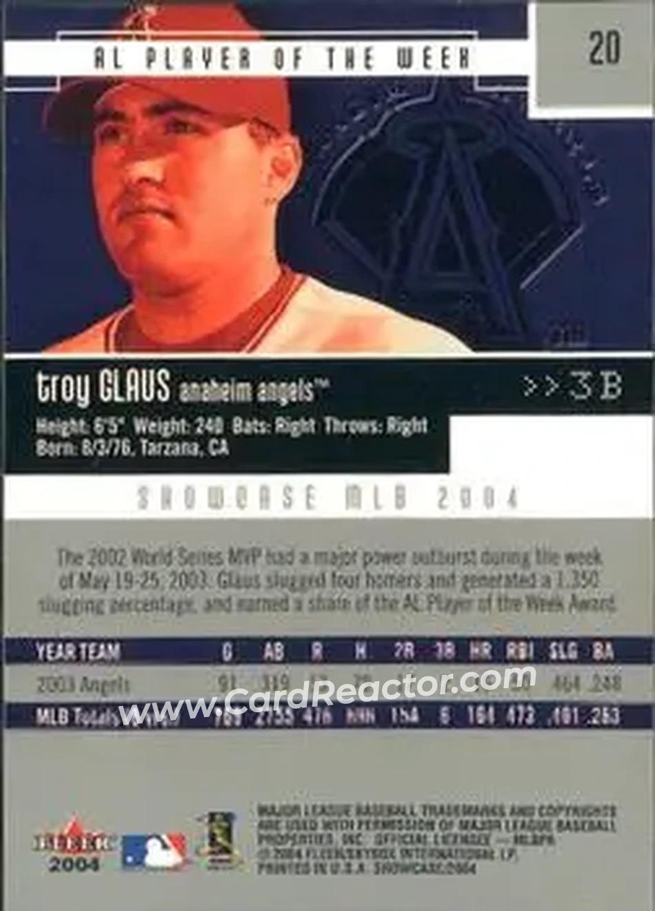 2004 Fleer Showcase #20 - Troy Glaus - Anaheim Angels - Back