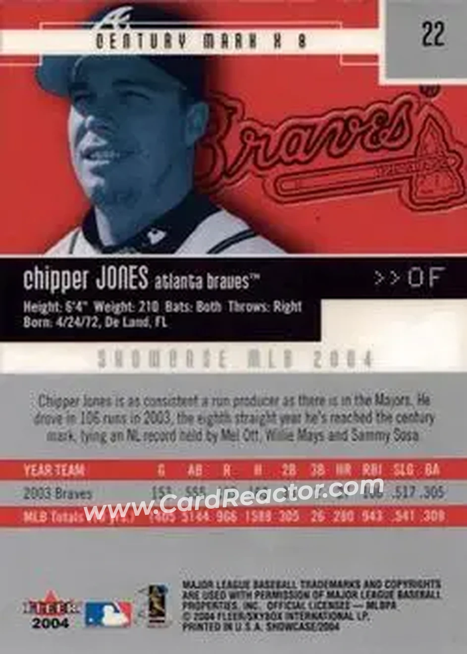 2004 Fleer Showcase #22 - Chipper Jones - Atlanta Braves - Back