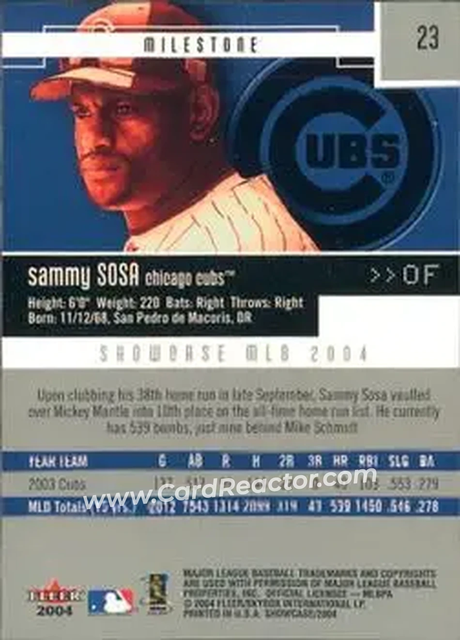 2004 Fleer Showcase #23 - Sammy Sosa - Chicago Cubs - Back 2004 Fleer Showcase #23 - Sammy Sosa - Chicago Cubs - Back