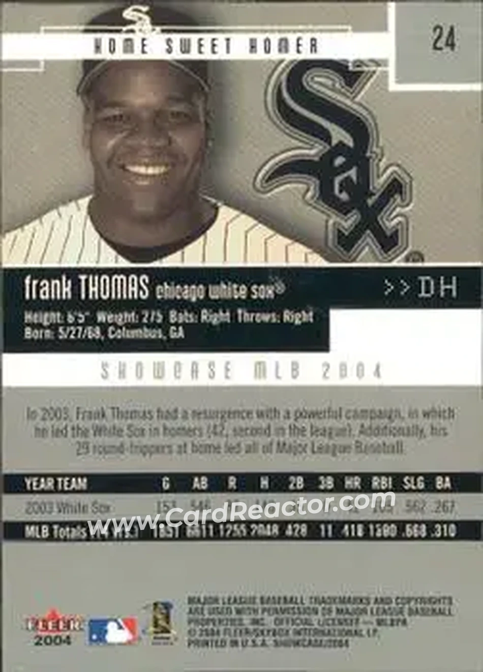 2004 Fleer Showcase #24 - Frank Thomas - Chicago White Sox - Back