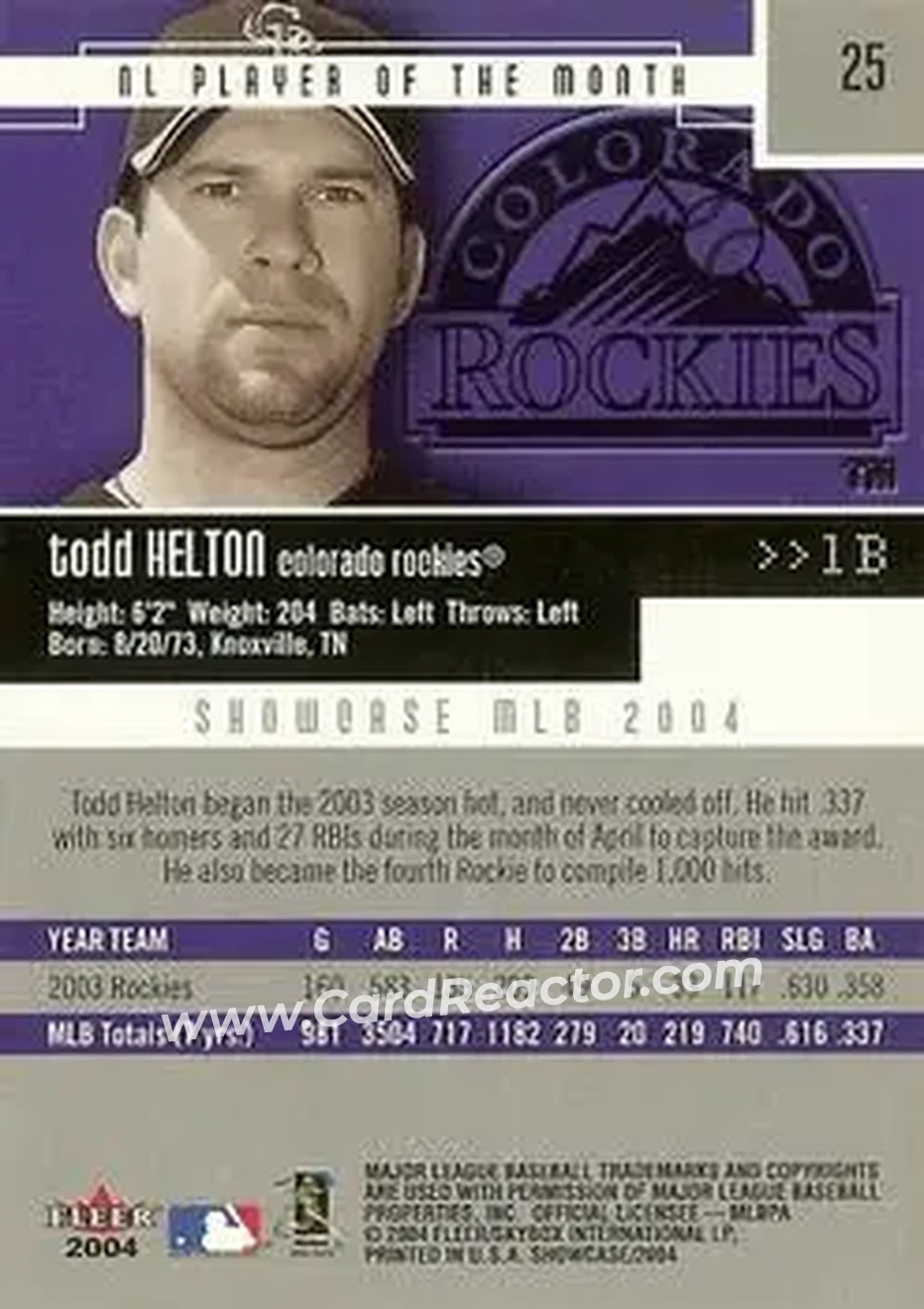 2004 Fleer Showcase #25 - Todd Helton - Colorado Rockies - Back 2004 Fleer Showcase #25 - Todd Helton - Colorado Rockies - Back