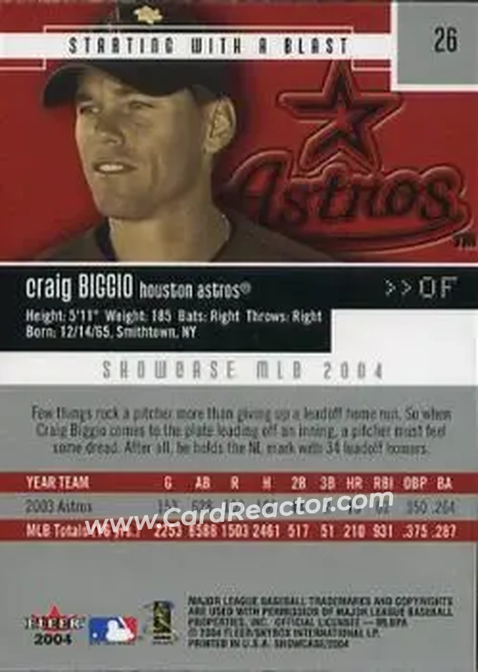 2004 Fleer Showcase #26 - Craig Biggio - Houston Astros - Back