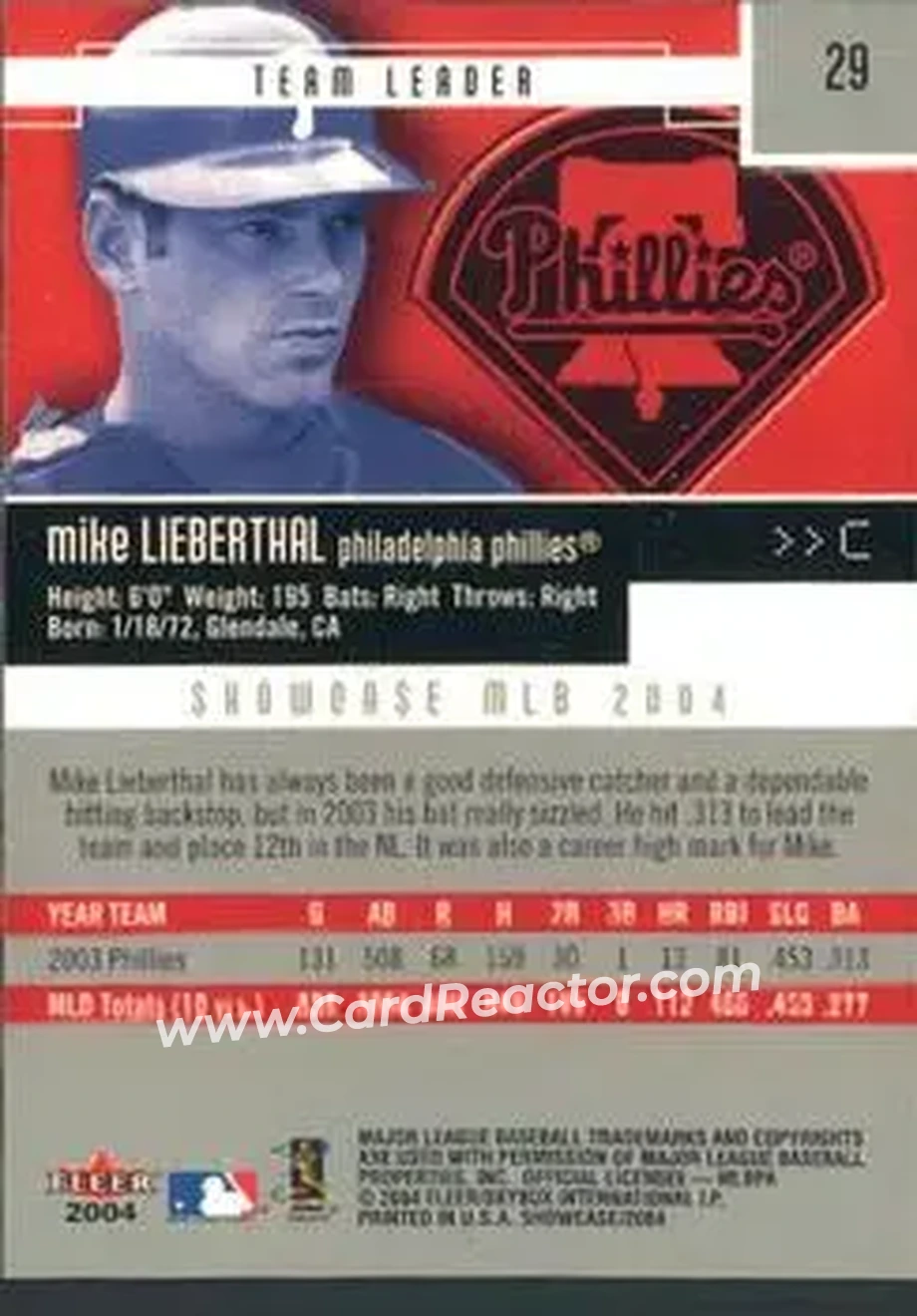 2004 Fleer Showcase #29 - Mike Lieberthal - Philadelphia Phillies - Back