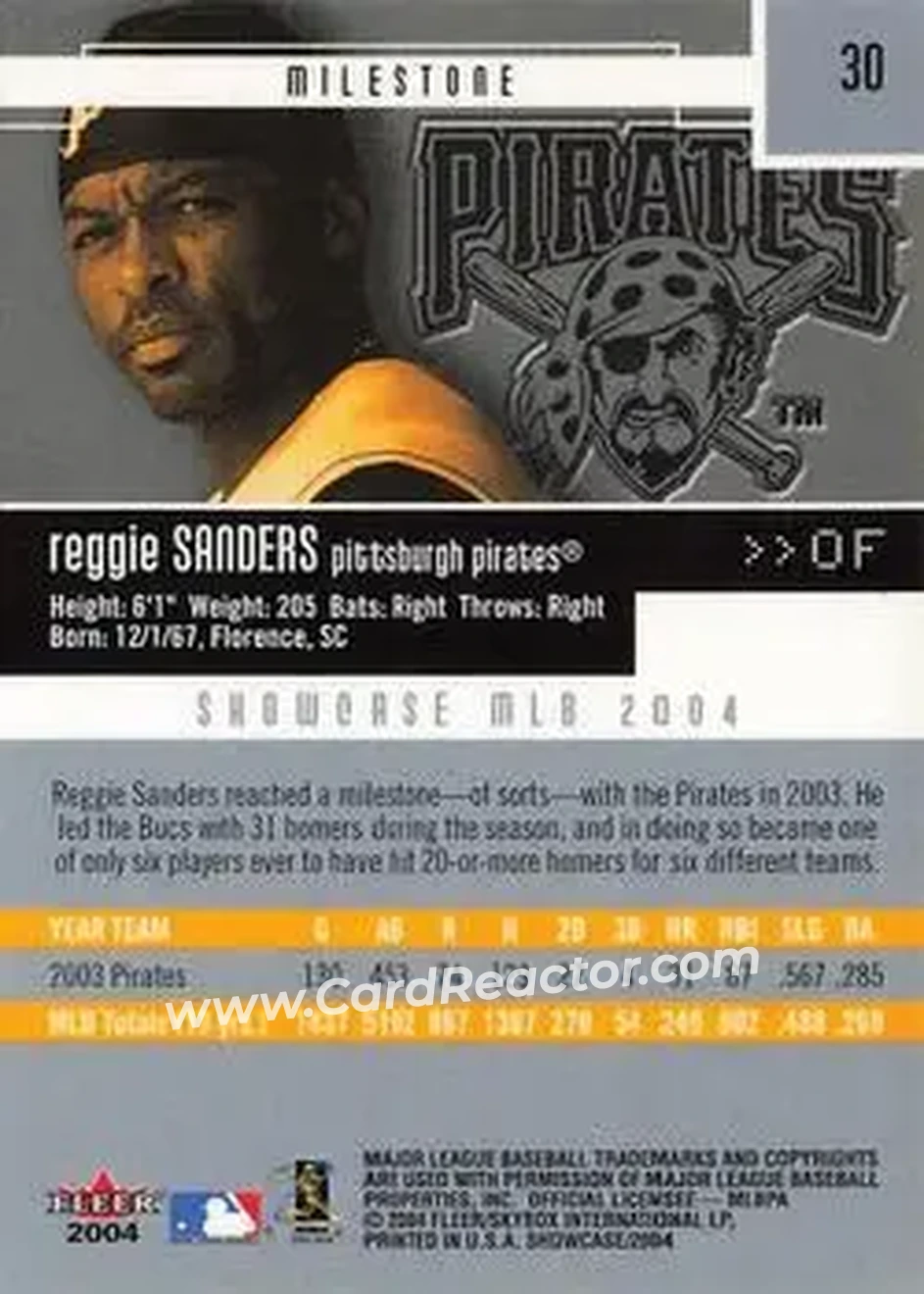2004 Fleer Showcase #30 - Reggie Sanders - Pittsburgh Pirates - Back