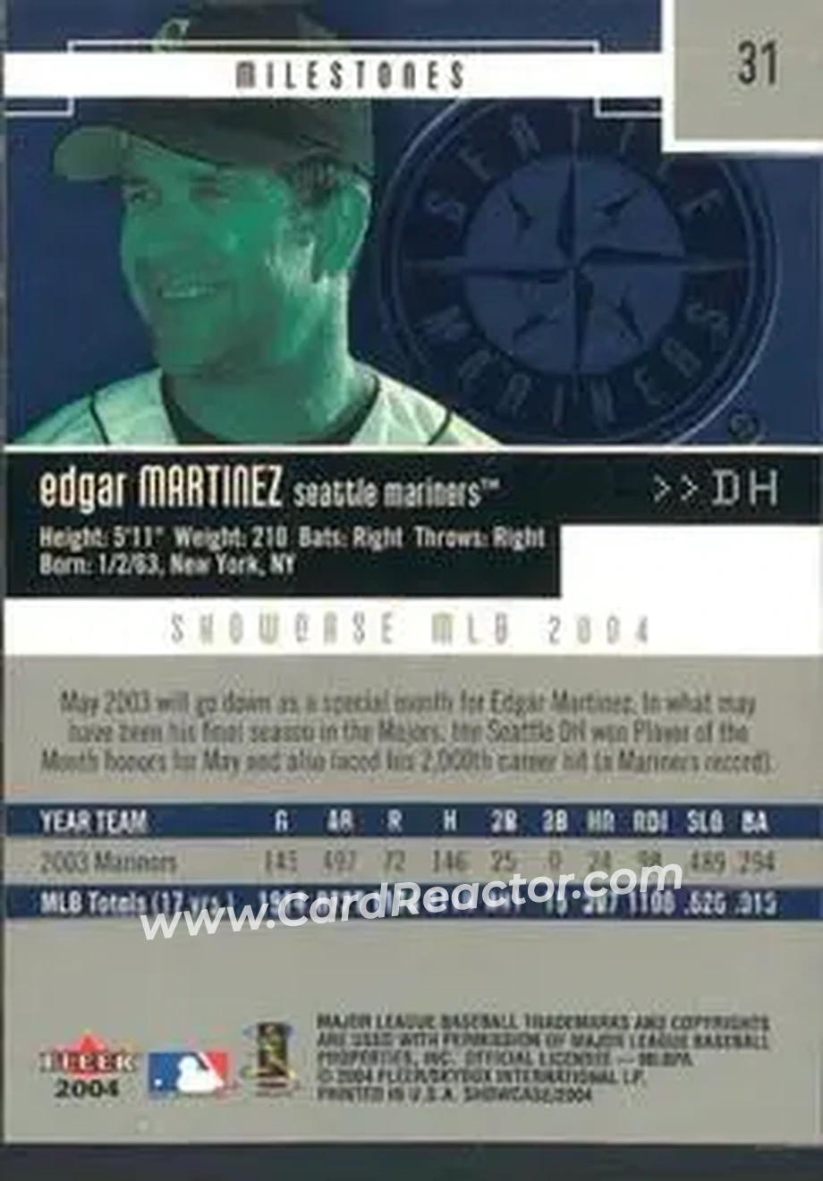 2004 Fleer Showcase #31 - Edgar Martinez - Seattle Mariners - Back 2004 Fleer Showcase #31 - Edgar Martinez - Seattle Mariners - Back