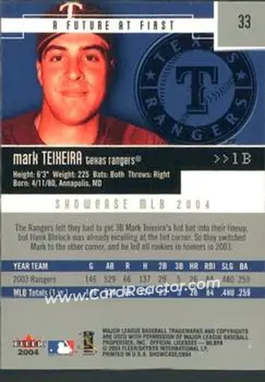 2004 Fleer Showcase #33 - Mark Teixeira - Texas Rangers - Back
