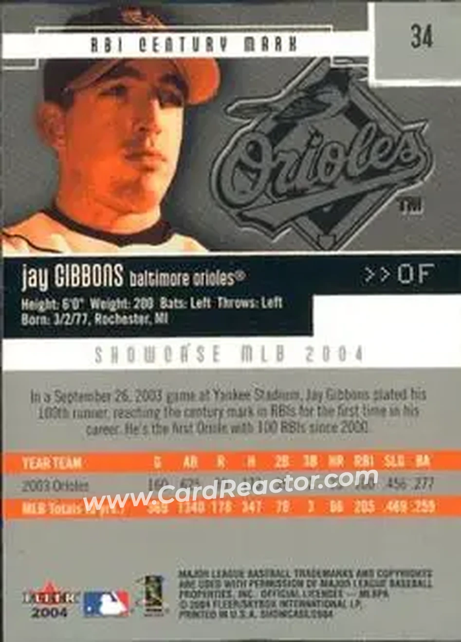 2004 Fleer Showcase #34 - Jay Gibbons - Baltimore Orioles - Back