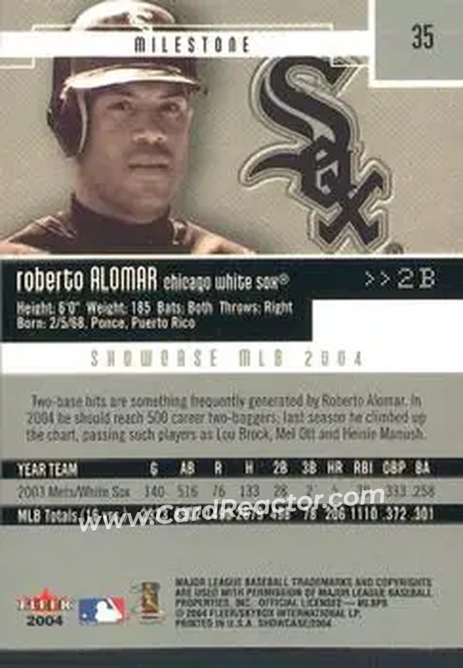 2004 Fleer Showcase #35 - Roberto Alomar - Chicago White Sox - Back 2004 Fleer Showcase #35 - Roberto Alomar - Chicago White Sox - Back
