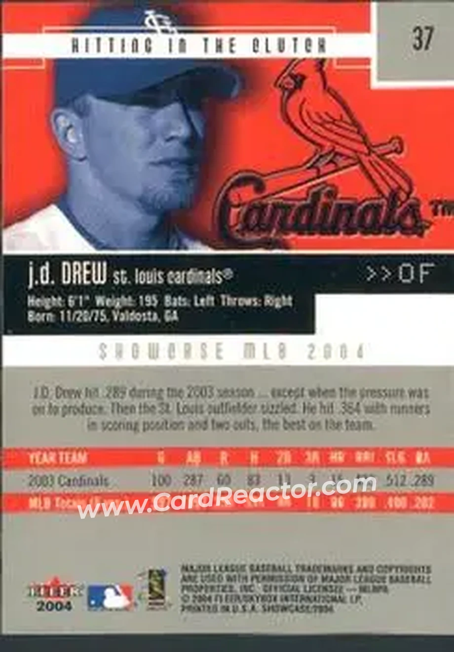 2004 Fleer Showcase #37 - J.D. Drew - St. Louis Cardinals - Back 2004 Fleer Showcase #37 - J.D. Drew - St. Louis Cardinals - Back