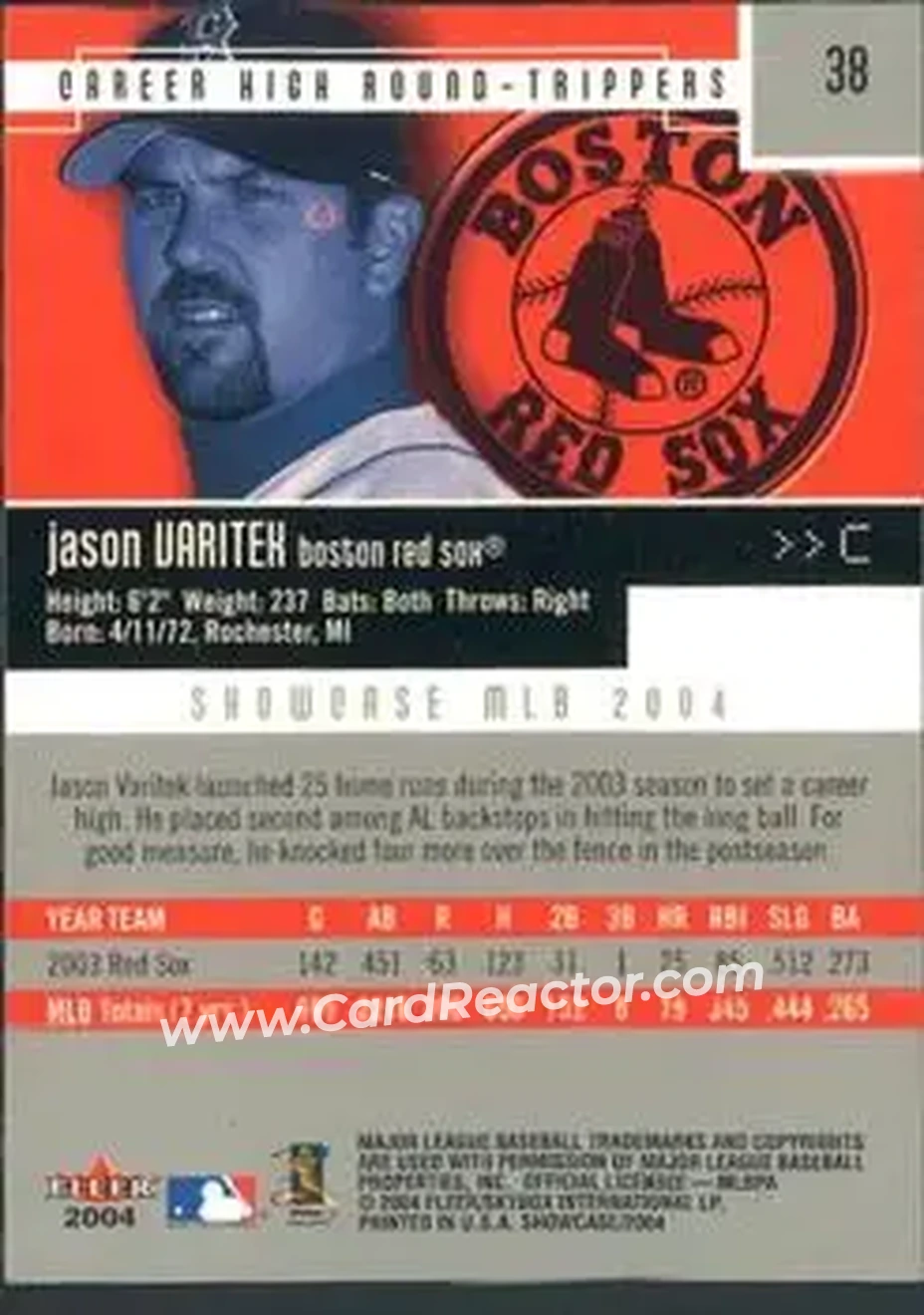 2004 Fleer Showcase #38 - Jason Varitek - Boston Red Sox - Back