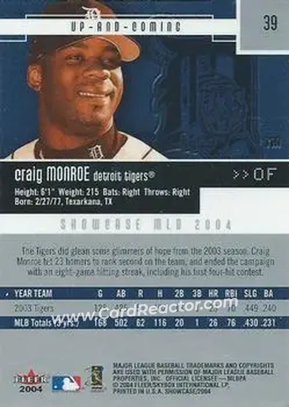 2004 Fleer Showcase #39 - Craig Monroe - Detroit Tigers - Back