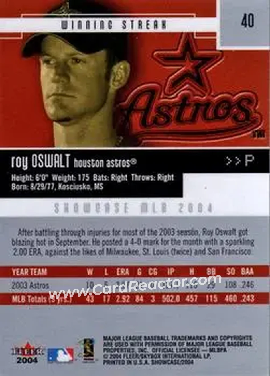 2004 Fleer Showcase #40 - Roy Oswalt - Houston Astros - Back