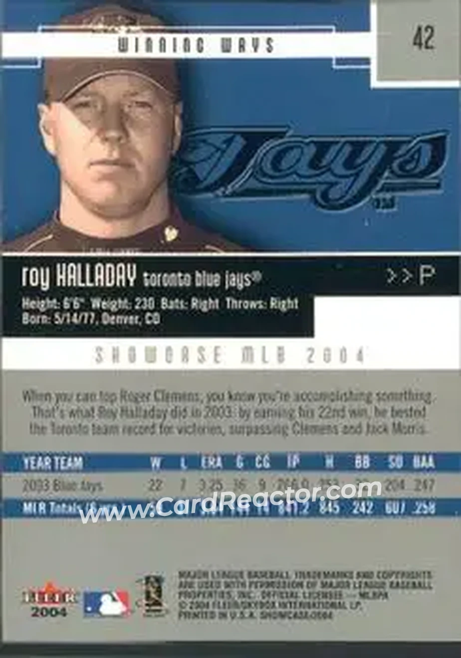 2004 Fleer Showcase #42 - Roy Halladay - Toronto Blue Jays - Back