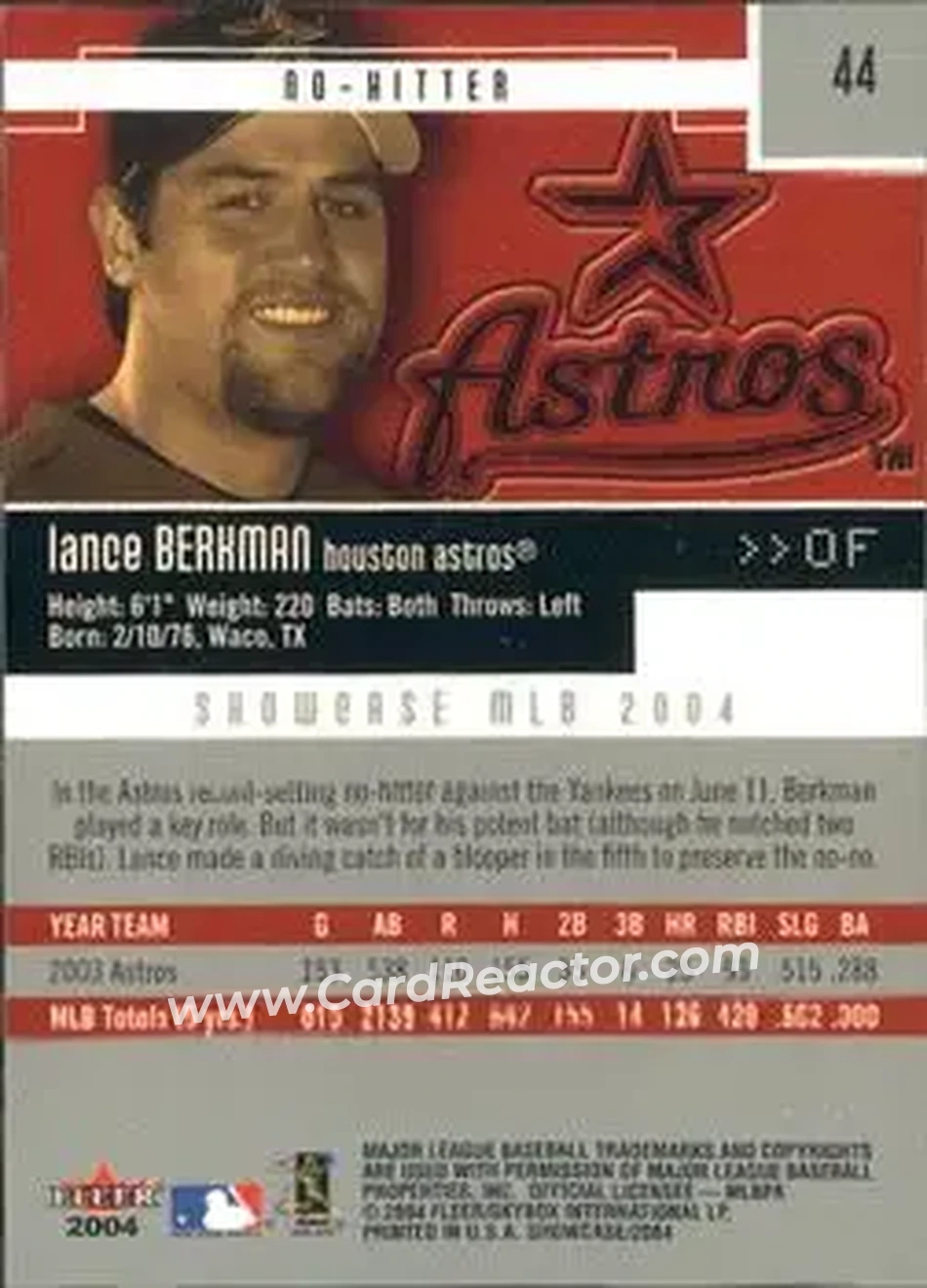 2004 Fleer Showcase #44 - Lance Berkman - Houston Astros - Back 2004 Fleer Showcase #44 - Lance Berkman - Houston Astros - Back