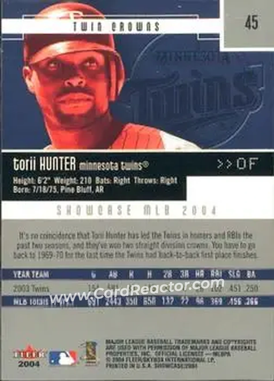 2004 Fleer Showcase #45 - Torii Hunter - Minnesota Twins - Back