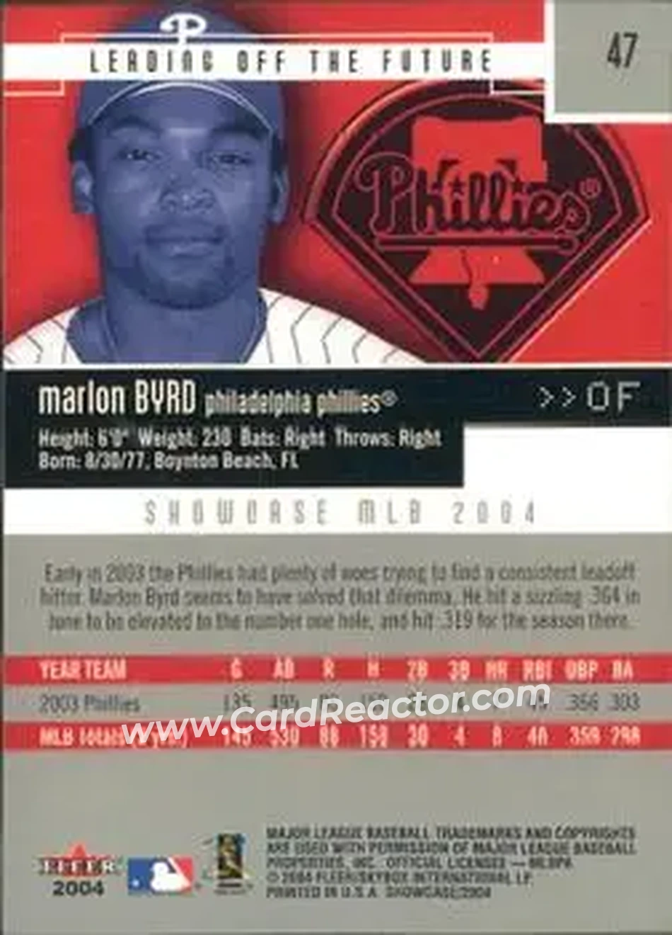 2004 Fleer Showcase #47 - Marlon Byrd - Philadelphia Phillies - Back