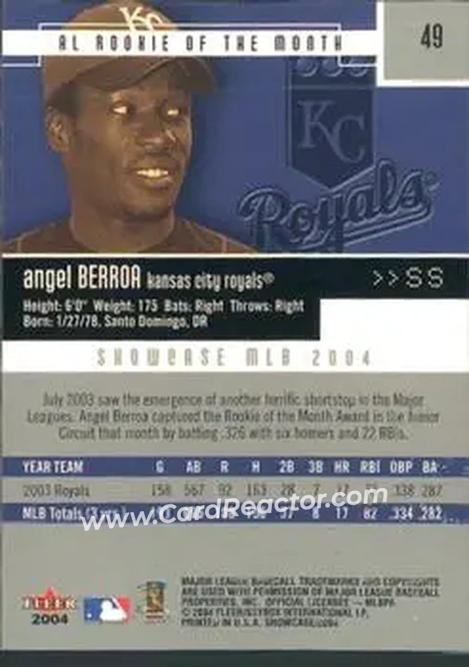 2004 Fleer Showcase #49 - Angel Berroa - Kansas City Royals - Back