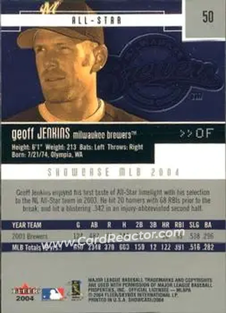 2004 Fleer Showcase #50 - Geoff Jenkins - Milwaukee Brewers - Back 2004 Fleer Showcase #50 - Geoff Jenkins - Milwaukee Brewers - Back