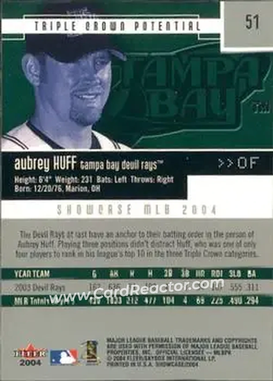 2004 Fleer Showcase #51 - Aubrey Huff - Tampa Bay Devil Rays - Back