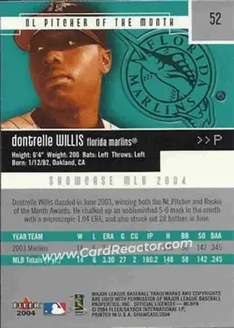2004 Fleer Showcase #52 - Dontrelle Willis - Florida Marlins - Back