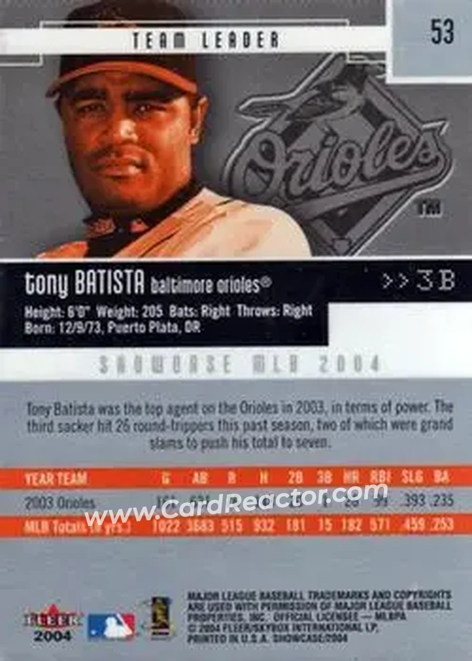 2004 Fleer Showcase #53 - Tony Batista - Baltimore Orioles - Back