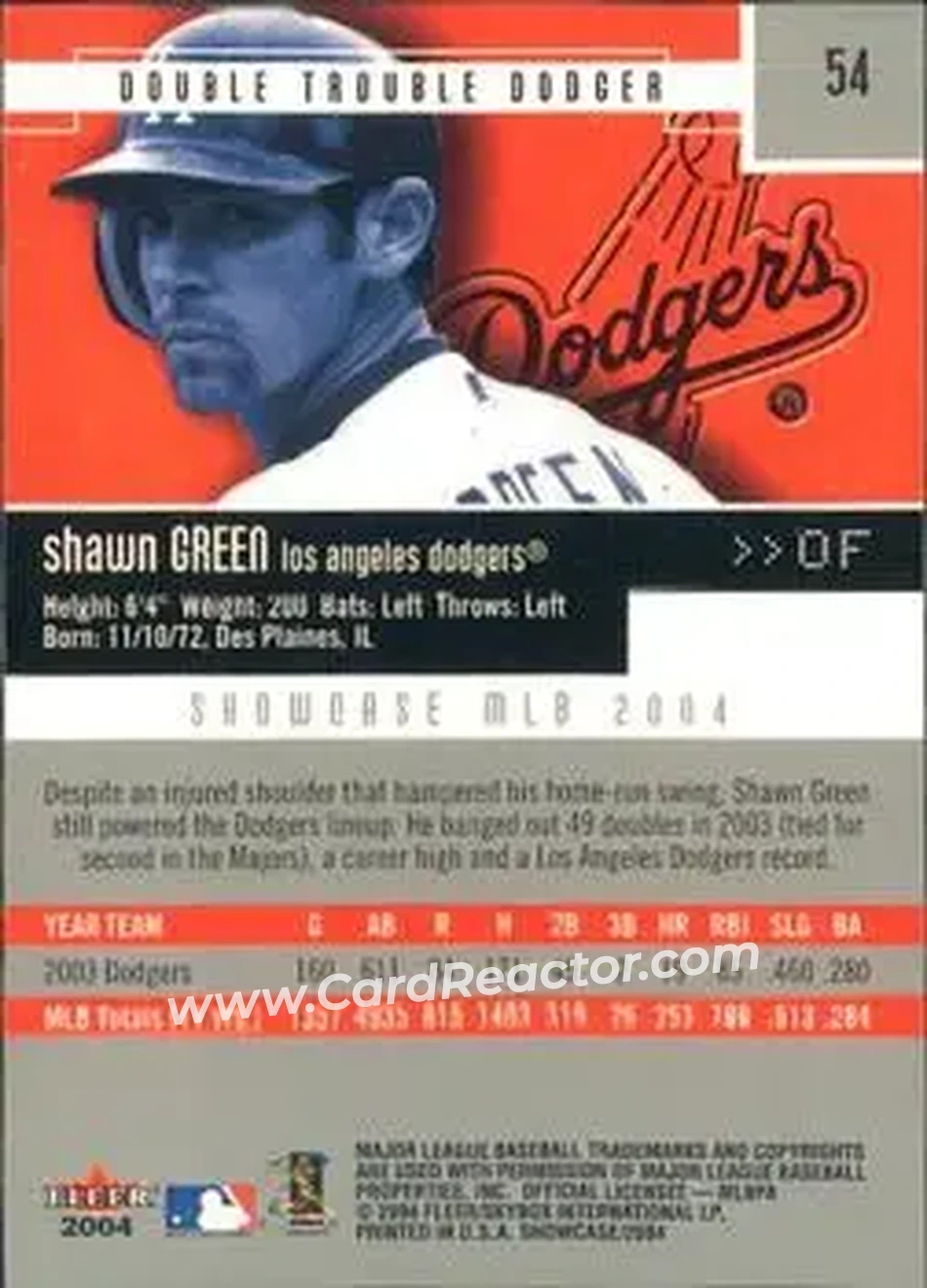 2004 Fleer Showcase #54 - Shawn Green - Los Angeles Dodgers - Back