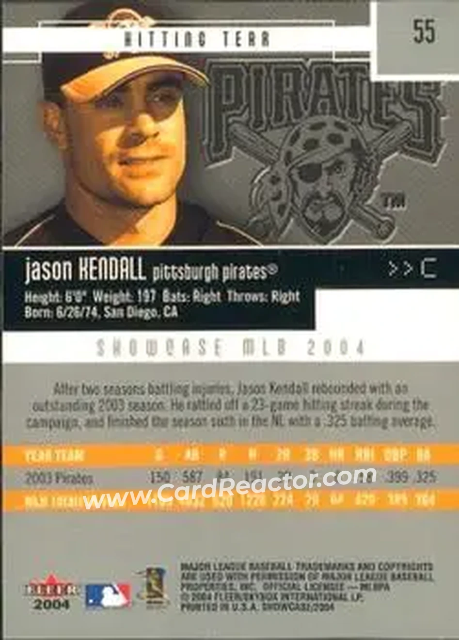 2004 Fleer Showcase #55 - Jason Kendall - Pittsburgh Pirates - Back