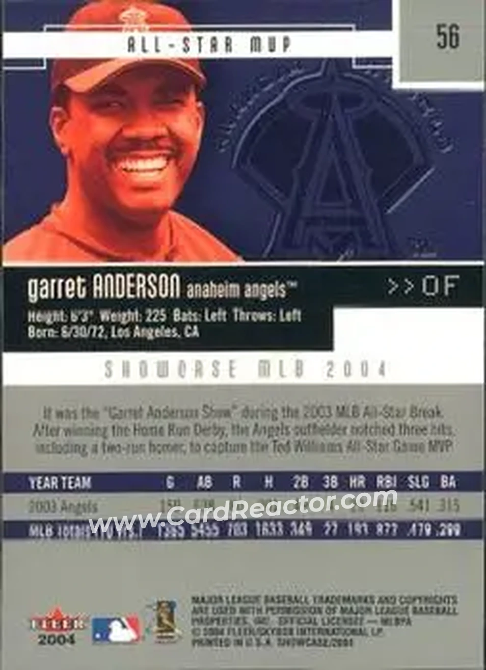 2004 Fleer Showcase #56 - Garret Anderson - Anaheim Angels - Back