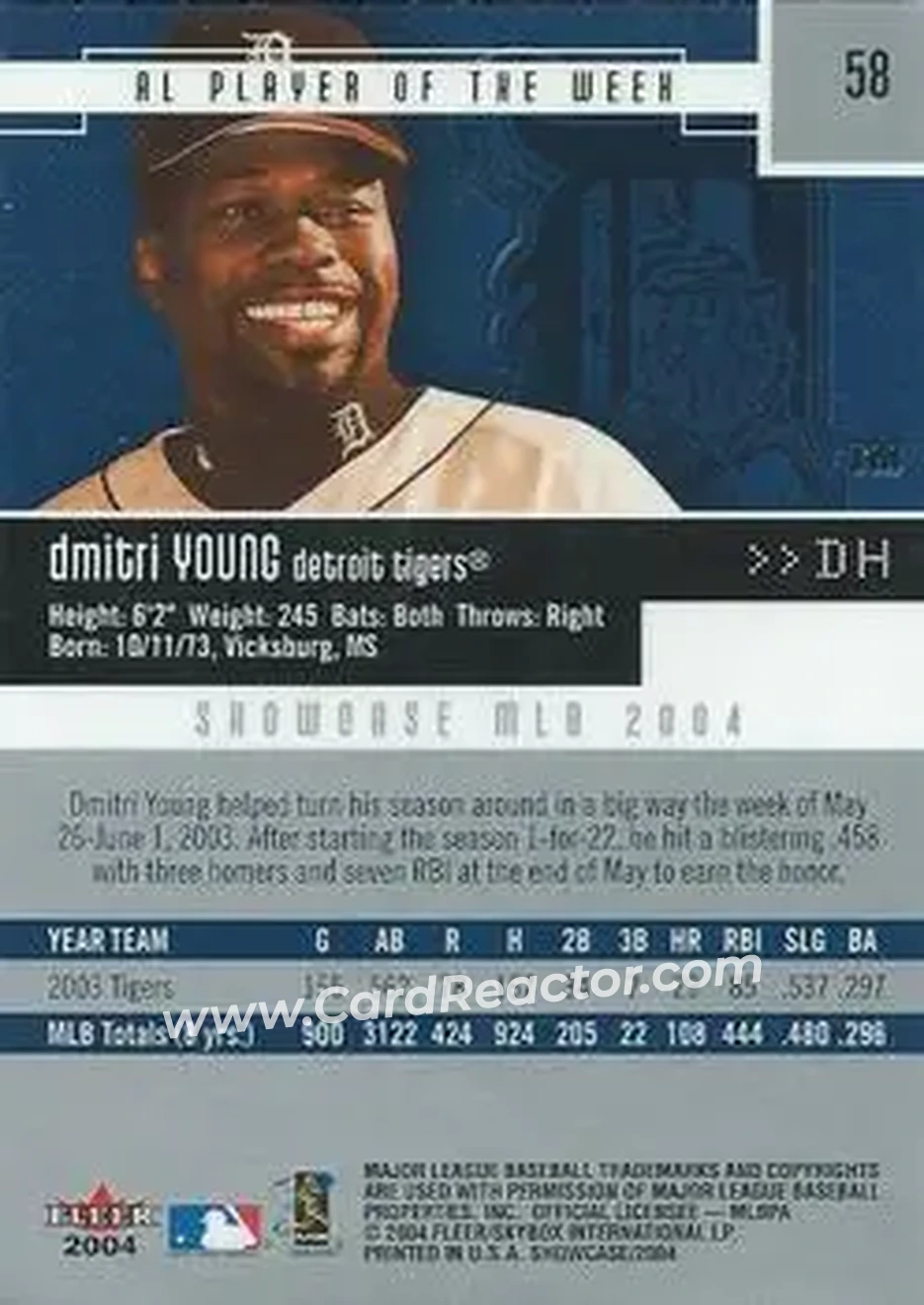2004 Fleer Showcase #58 - Dmitri Young - Detroit Tigers - Back 2004 Fleer Showcase #58 - Dmitri Young - Detroit Tigers - Back