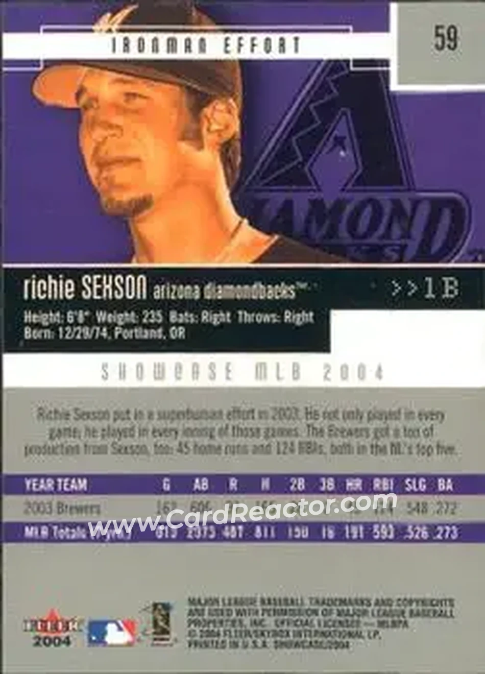 2004 Fleer Showcase #59 - Richie Sexson - Arizona Diamondbacks - Back