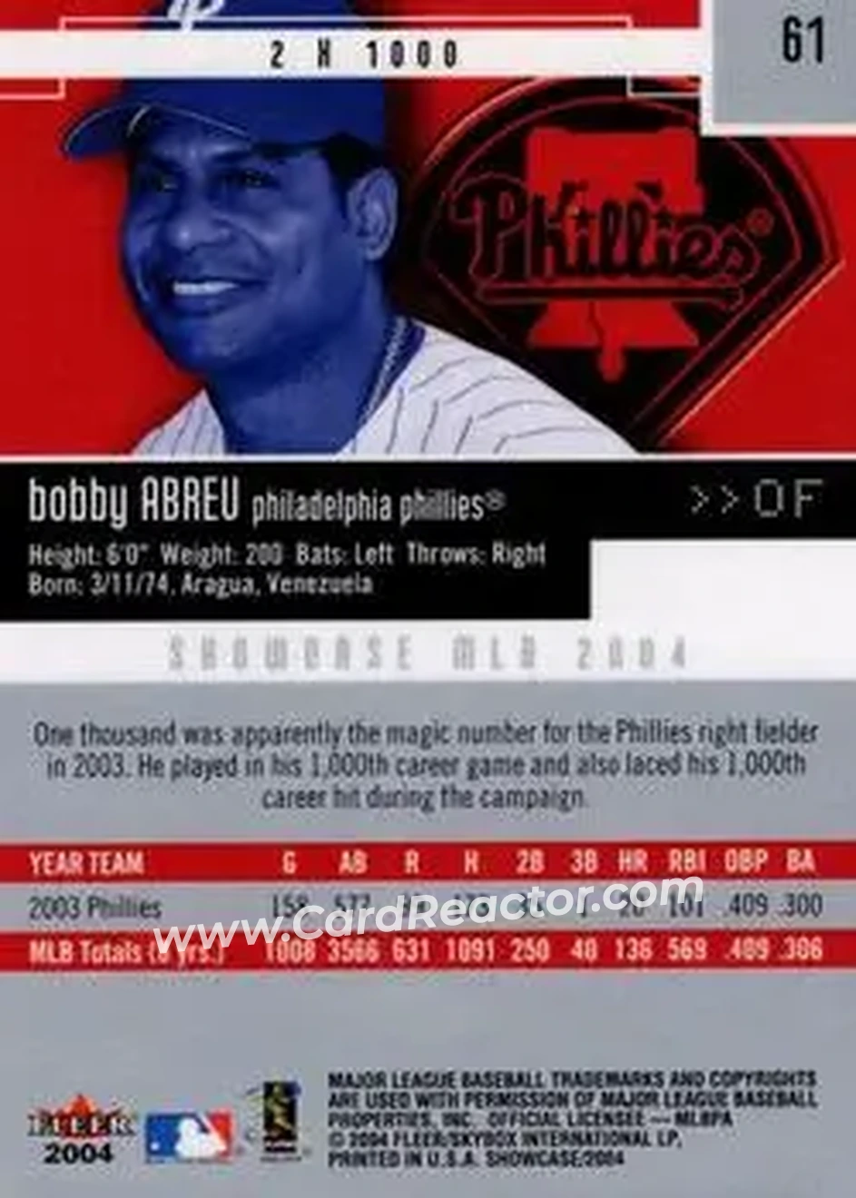 2004 Fleer Showcase #61 - Bob Abreu - Philadelphia Phillies - Back 2004 Fleer Showcase #61 - Bob Abreu - Philadelphia Phillies - Back