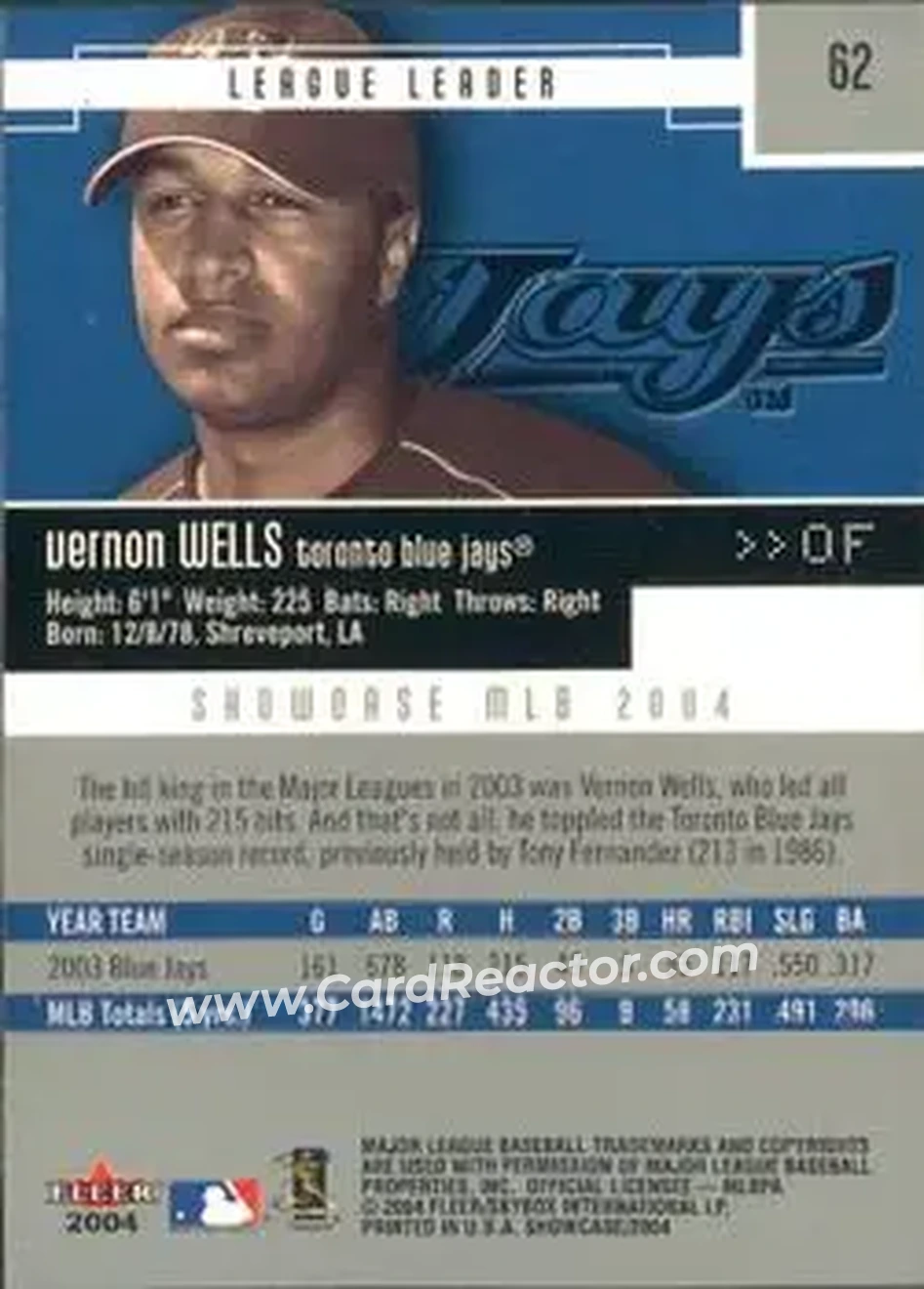 2004 Fleer Showcase #62 - Vernon Wells - Toronto Blue Jays - Back
