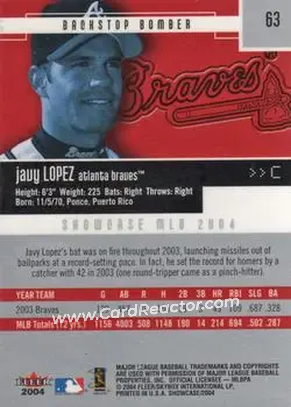 2004 Fleer Showcase #63 - Javier Lopez - Atlanta Braves - Back