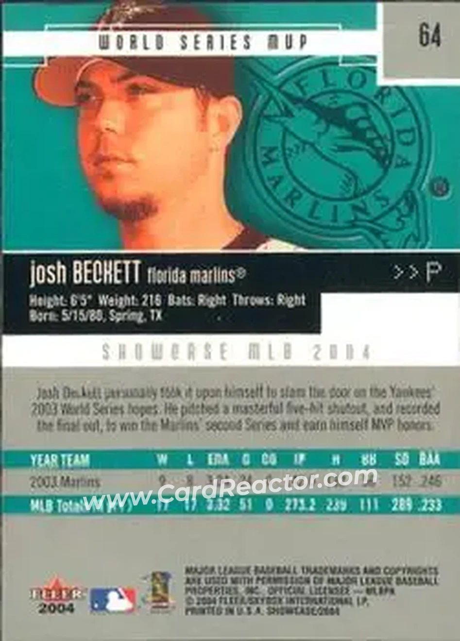2004 Fleer Showcase #64 - Josh Beckett - Florida Marlins - Back