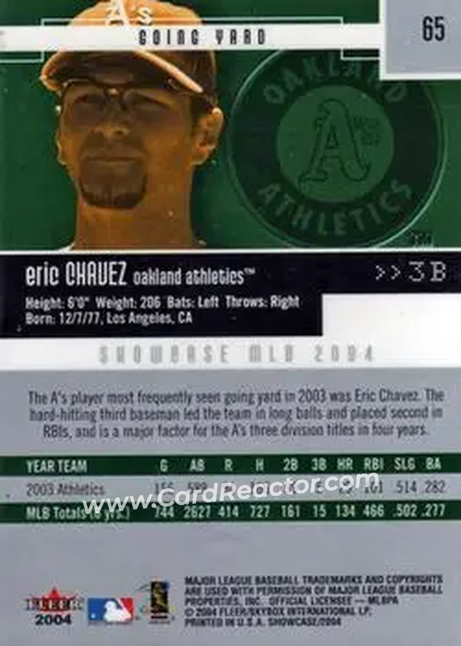 2004 Fleer Showcase #65 - Eric Chavez - Oakland Athletics - Back