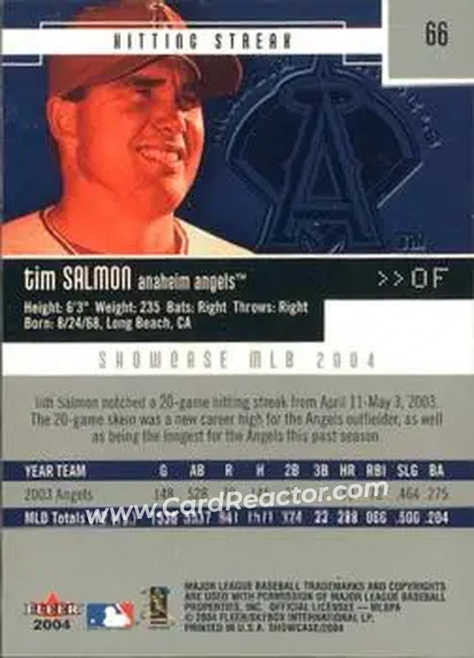 2004 Fleer Showcase #66 - Tim Salmon - Anaheim Angels - Back 2004 Fleer Showcase #66 - Tim Salmon - Anaheim Angels - Back