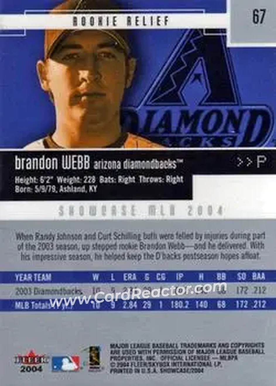 2004 Fleer Showcase #67 - Brandon Webb - Arizona Diamondbacks - Back 2004 Fleer Showcase #67 - Brandon Webb - Arizona Diamondbacks - Back