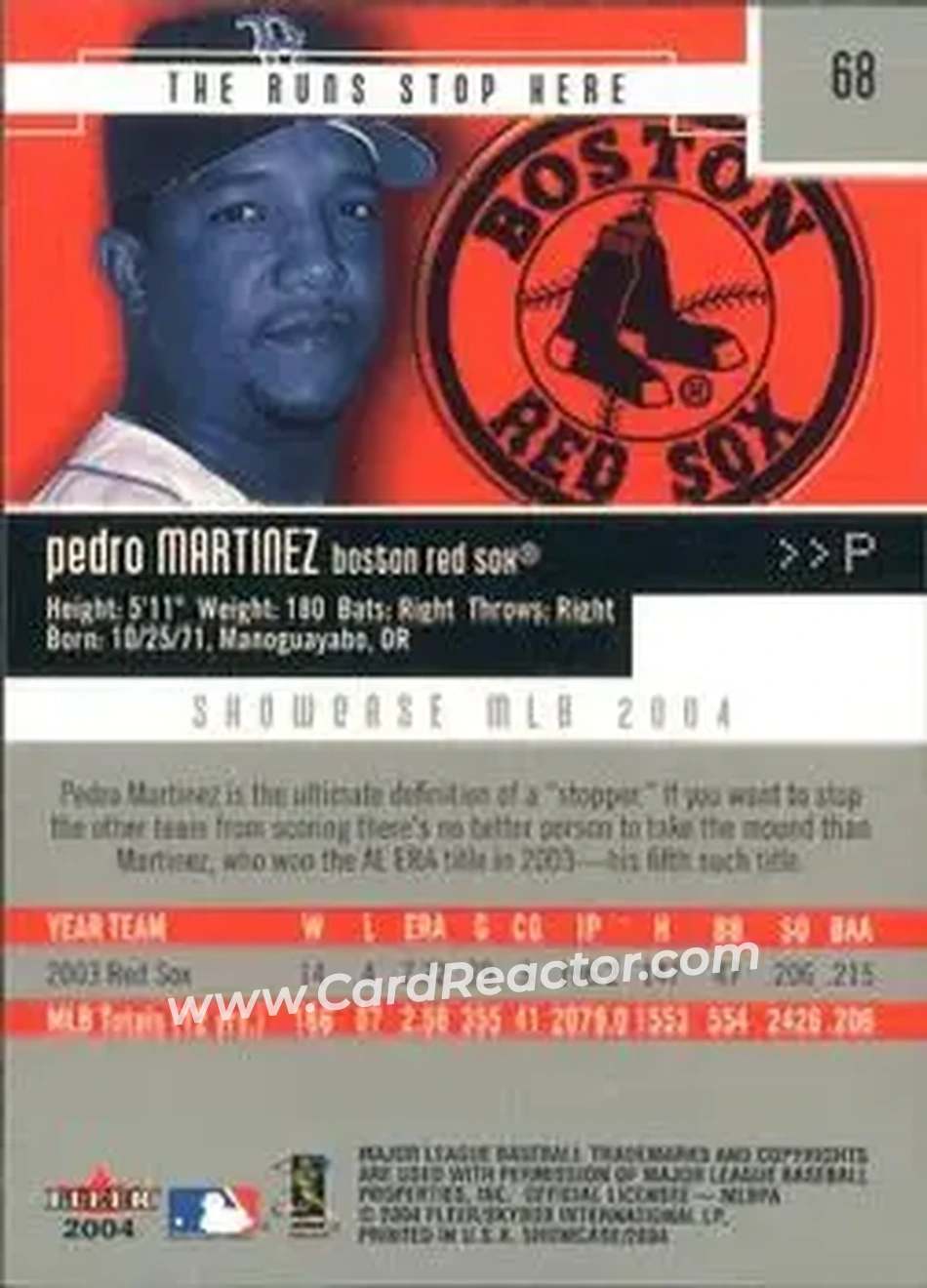 2004 Fleer Showcase #68 - Pedro Martinez - Boston Red Sox - Back